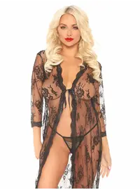 חלוק תחרה וחוטיני תואם דגם 86102, צבע: שחור,  מידה: XL