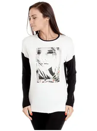 חולצה עם שרול ארוך עם ציור 4879, צבע: לבן,  מידה: L-XL