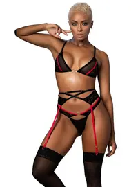 סט חזייה, חוטיני וחגורת בירית סקסי 8628, צבע: שחור,  מידה: S-M