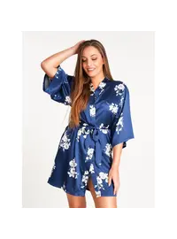 חלוק סאטן פרחוני 0003K, צבע: כחול,  מידה: L