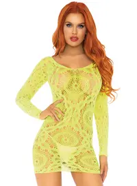 שמלת רשת קצרה עם שרוול ארוך 86794, צבע: צהוב,  מידה: S-L (ONE SIZE)