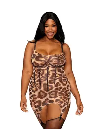 סט מחוך ותחתון תואם | הדפס נמר | קאפים עם ברזלים | אבני חן | 13213X, צבע: נמר,  מידה: XL