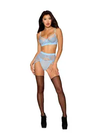סט סקסי חזיית, תחתונים וחצאית בירית עם רצועות | שרשראות חרוזים | 13653, צבע: כחול,  מידה: S