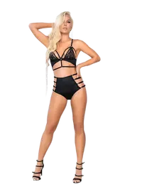 סט חזייה ותחתון גזרה גבוהה 8586, צבע: שחור,  מידה: S-M