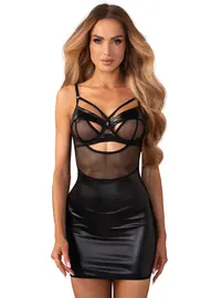 כותונת דמוי עור וחוטיני תואם | קאפים עם ברזלים | DOMINNA