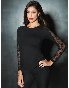 חולצה כותנה עם שרוול ארוך וצווארון עגול 4869, צבע: שחור,  מידה: S-M