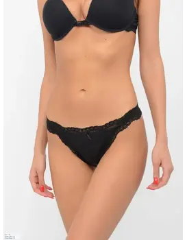 תחתון טנגה מכותנה ותחרה J607, צבע: שחור,  מידה: S-2