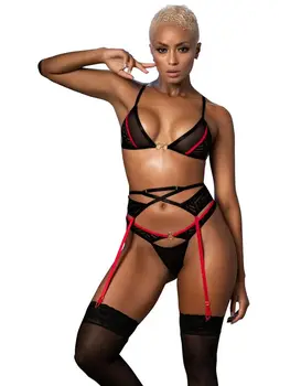 סט חזייה, חוטיני וחגורת בירית סקסי 8628, צבע: שחור,  מידה: S-M