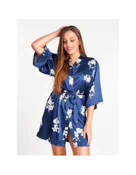 חלוק סאטן פרחוני 0003K, צבע: כחול,  מידה: L