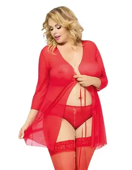 חלוק שקוף עם תחתון קלאסי תואם | מידות גדולות | 1861 POLA, צבע: אדום,  מידה: 2XL