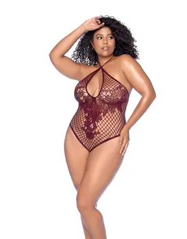 בגד גוף רשת פרחוני לנשים 1115X, צבע: יין,  מידה: XL-2XL