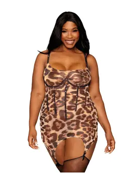 סט מחוך ותחתון תואם | הדפס נמר | קאפים עם ברזלים | אבני חן | 13213X, צבע: נמר,  מידה: XL