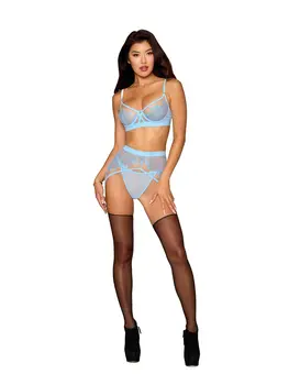 סט סקסי חזיית, תחתונים וחצאית בירית עם רצועות | שרשראות חרוזים | 13653, צבע: כחול,  מידה: S