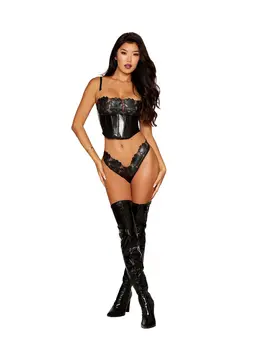 סט 2 חלקים טופ ותחתון תואם עם שרוכים מאחור  13655, צבע: שחור,  מידה: S