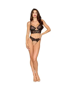 סט 2 חלקים טופ ותחתון תואם עם שרוכים מאחור דגם 13633, צבע: שחור,  מידה: S