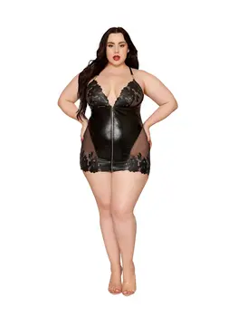 כותונת דמוי עור בעיצוב פרחוני 13654X, צבע: שחור,  מידה: 2XL