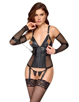 סט מחוך מדמוי עור ותחתון תואם | אזיקים​ וכיסויי ידיים | Bondage Basque