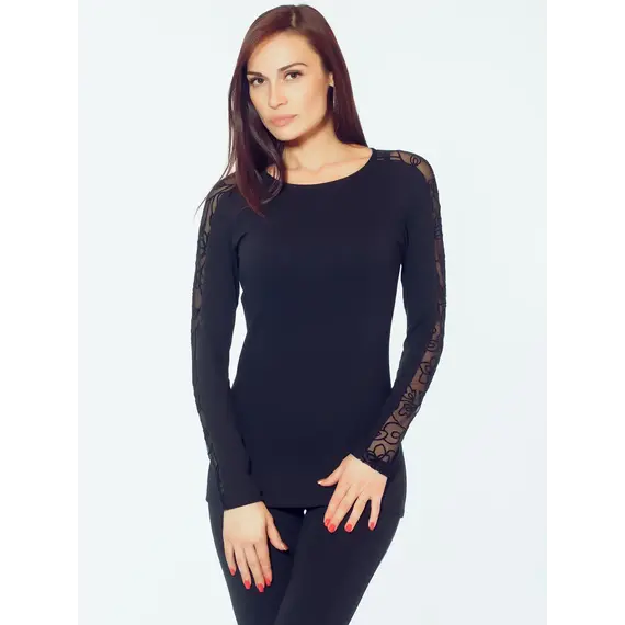 חולצה כותנה עם שרול ארוך עם ציור 4075 JADEA , S-M, שחור, צבע: שחור,  מידה: S-M, 2 image