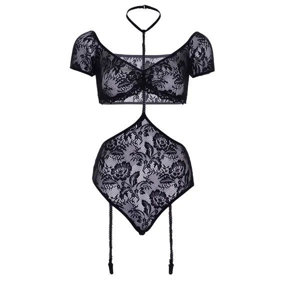 טופ בנדו תחרה עם שרוולים קולר וביריות 89263 LEG AVENUE, שחור, M-L, צבע: שחור,  מידה: M-L, 5 image