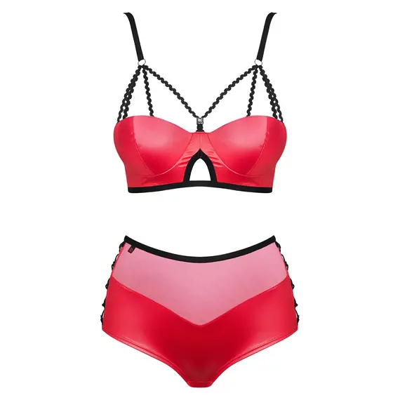 סט חזייה ותחתון גבוה LEATHERIA OBSESSIVE, אדום, S-M, צבע: אדום,  מידה: S-M, 3 image