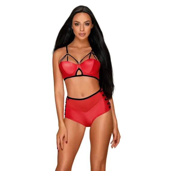 סט חזייה ותחתון גבוה LEATHERIA OBSESSIVE, אדום, S-M, צבע: אדום,  מידה: S-M