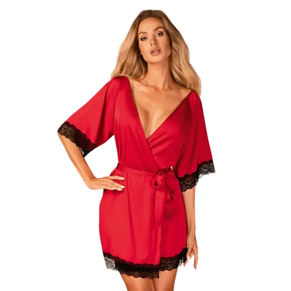 חלוק סאטן שרוול קצר וחוטיני תואם SENSUELIA OBSESSIVE, בורדו, L-XL, צבע: בורדו,  מידה: L-XL