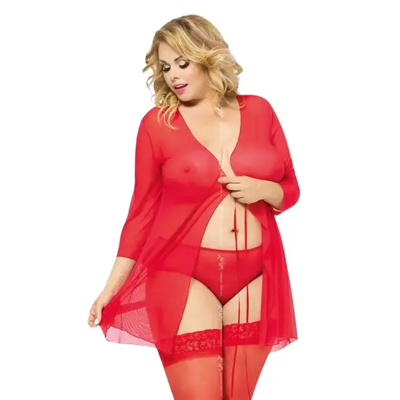 חלוק שקוף עם תחתון קלאסי תואם | מידות גדולות | 1861 POLA SOFTLINE , אדום, 2XL, צבע: אדום,  מידה: 2XL