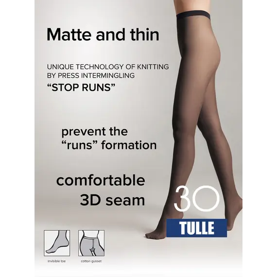 גרביונים מאט עם אפקט טול Tulle 30 Den CONTE, שחור, S-2, צבע: שחור,  מידה: S-2, 4 image