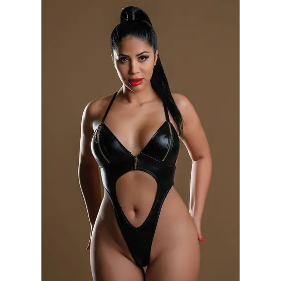 בגד גוף דמוי עור Wetlook Bodysuit With Zipper