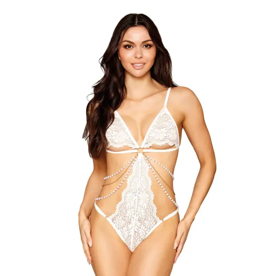 בגד גוף סקסי מעוטר בפנינים ושרשראות | 13310 DREAMGIRL, לבן, S-L (ONE SIZE)