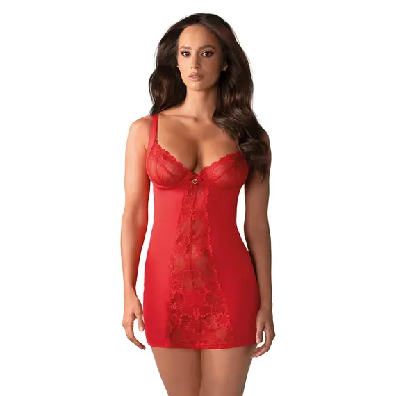 כותונת תחרה עם חזיית ברזלים וחוטיני תואם HEARTINA OBSESSIVE, אדום, S-M, צבע: אדום,  מידה: S-M, 2 image