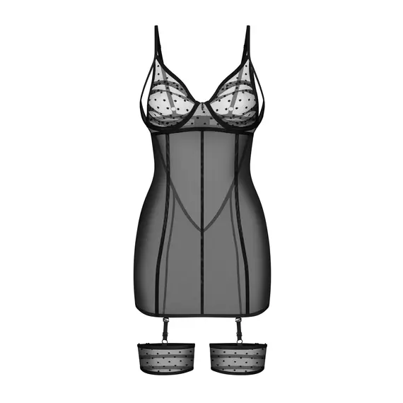 כותונת עם ביריות | חזיית ברזלים וחוטיני תואם | NUITES OBSESSIVE, שחור, L-XL, צבע: שחור,  מידה: L-XL, 2 image