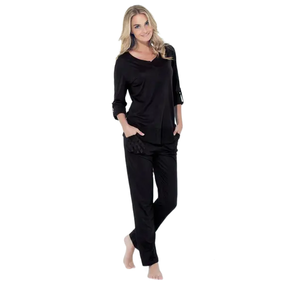 סט פיג’מה ארוכה בשילוב מודל | 3040 JADEA , שמנת, M, צבע: שמנת,  מידה: M, 3 image